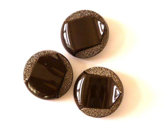 Art Deco Brown Large Silver Lustred Glass Set of 3 buttons